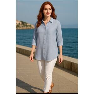 Monoprix Blue White StripeButton Front Tunic Top Women’s Large 3/4 Sleeve Cotton